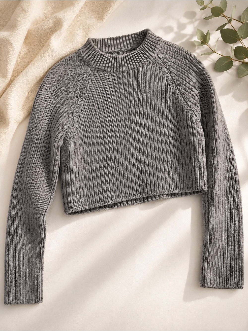 Zara NWT Gray Ribbed Cropped Sweater Mock Neck Raglan M